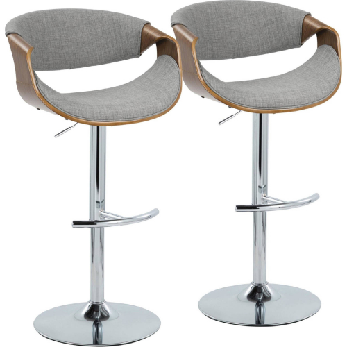 Curvo Adjustable Swivel Bar Stool in Chrome, Walnut Wood & Light Grey Fabric (Set of 2)